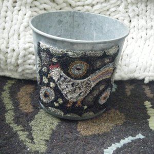Primitive Punch needle bird on metal pail